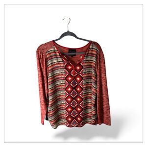 Chic Red and Black Geometric Blouse by French Blue size PL IN great condition